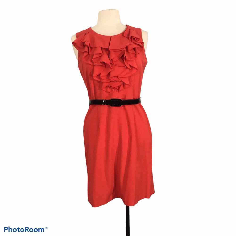 Soho Apparel Red Sleeveless Sheath Dress, Ruffled Front, Black Patent Belt 10P